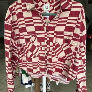 Urban Outfitters Cropped Red and Cream Plaid Shacket